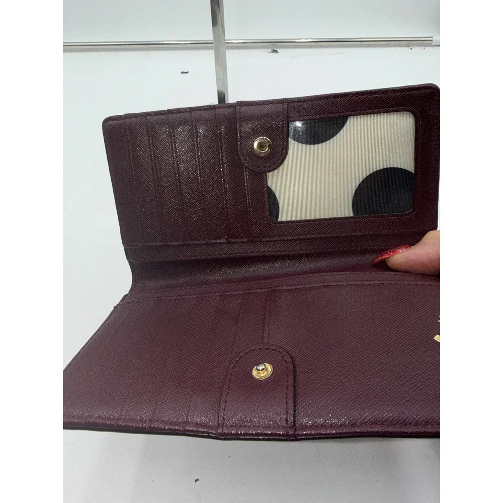 Kate Spade New York Burgundy Saffiano Leather Bifold Wallet Polka Dot Interior